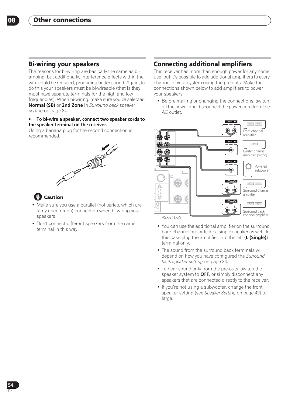 Other connections 08, Bi-wiring your speakers, Connecting additional amplifiers | Pioneer VSX-72TXV User Manual | Page 54 / 88