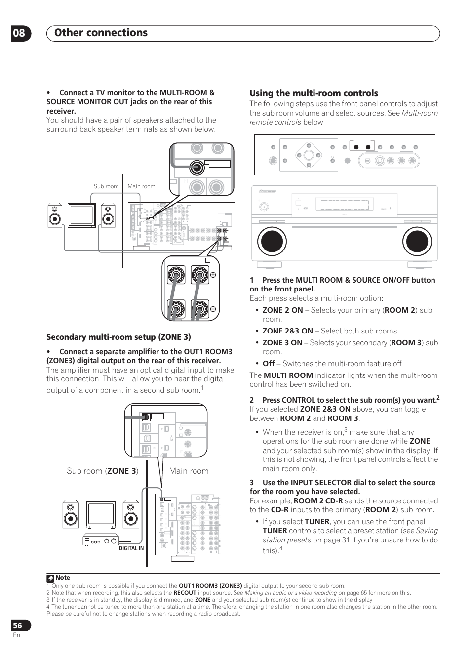 Other connections 08, Using the multi-room controls, Secondary multi-room setup (zone 3) | Sub room ( zone 3 ) main room, S400, Selectable front, Digital precision processing, Digital in | Pioneer VSX-72TXV User Manual | Page 56 / 88