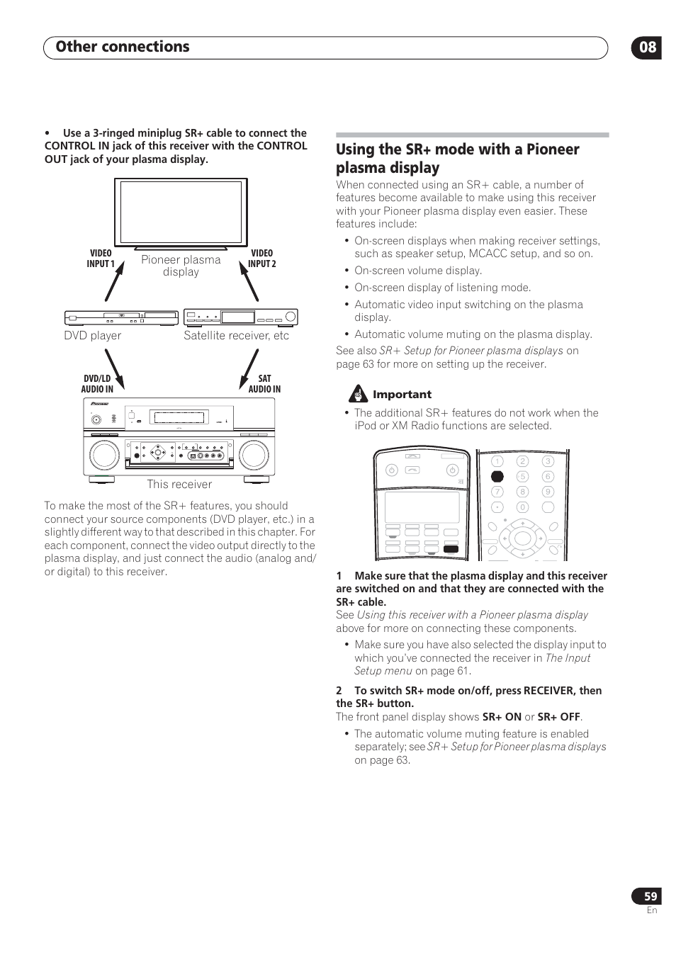 Other connections 08, Using the sr+ mode with a pioneer plasma display | Pioneer VSX-72TXV User Manual | Page 59 / 88