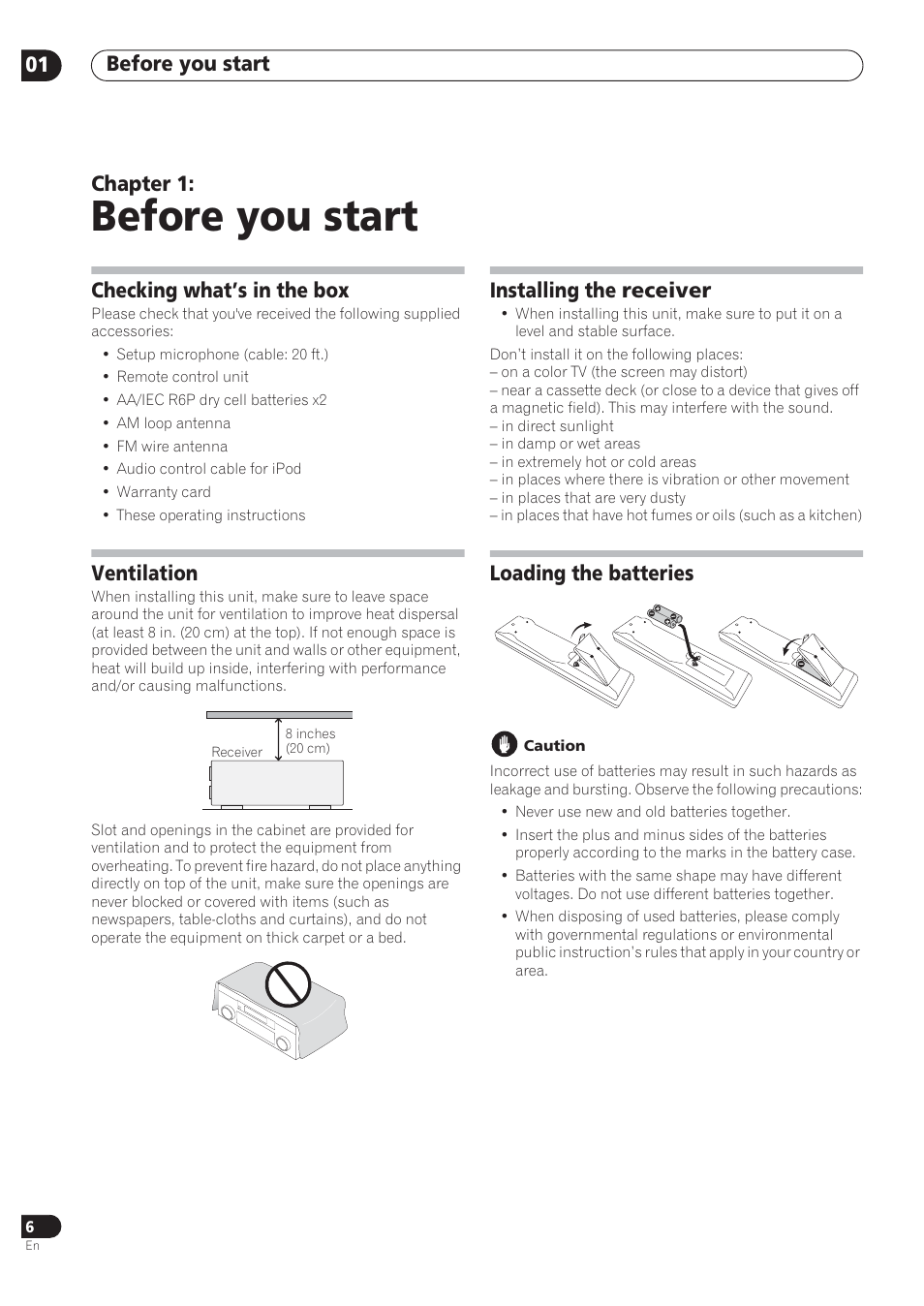 Before you start, Before you start 01, Chapter 1 | Checking what’s in the box, Ventilation, Installing the receiver, Loading the batteries | Pioneer VSX-72TXV User Manual | Page 6 / 88