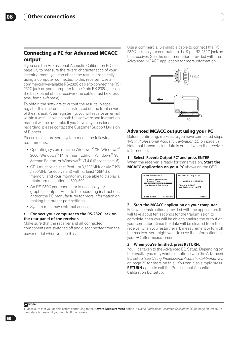 Other connections 08, Connecting a pc for advanced mcacc output, Advanced mcacc output using your pc | Pioneer VSX-72TXV User Manual | Page 60 / 88