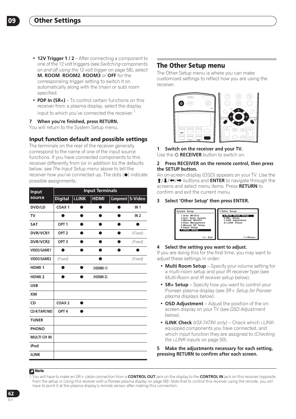 Other settings 09, The other setup menu, Input function default and possible settings | Indicate possible assignments | Pioneer VSX-72TXV User Manual | Page 62 / 88