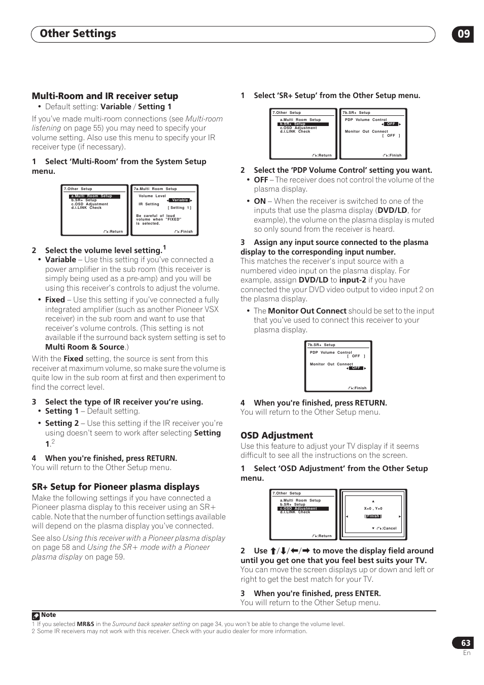 Other settings 09, Multi-room and ir receiver setup, Sr+ setup for pioneer plasma displays | Osd adjustment | Pioneer VSX-72TXV User Manual | Page 63 / 88