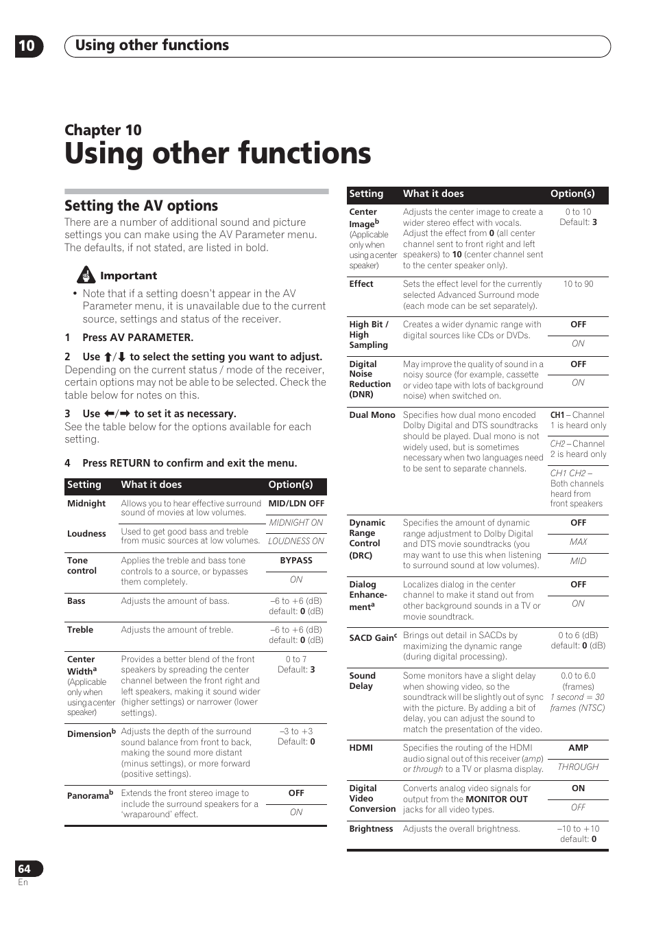 Using other functions, Using other functions 10, Chapter 10 | Setting the av options | Pioneer VSX-72TXV User Manual | Page 64 / 88