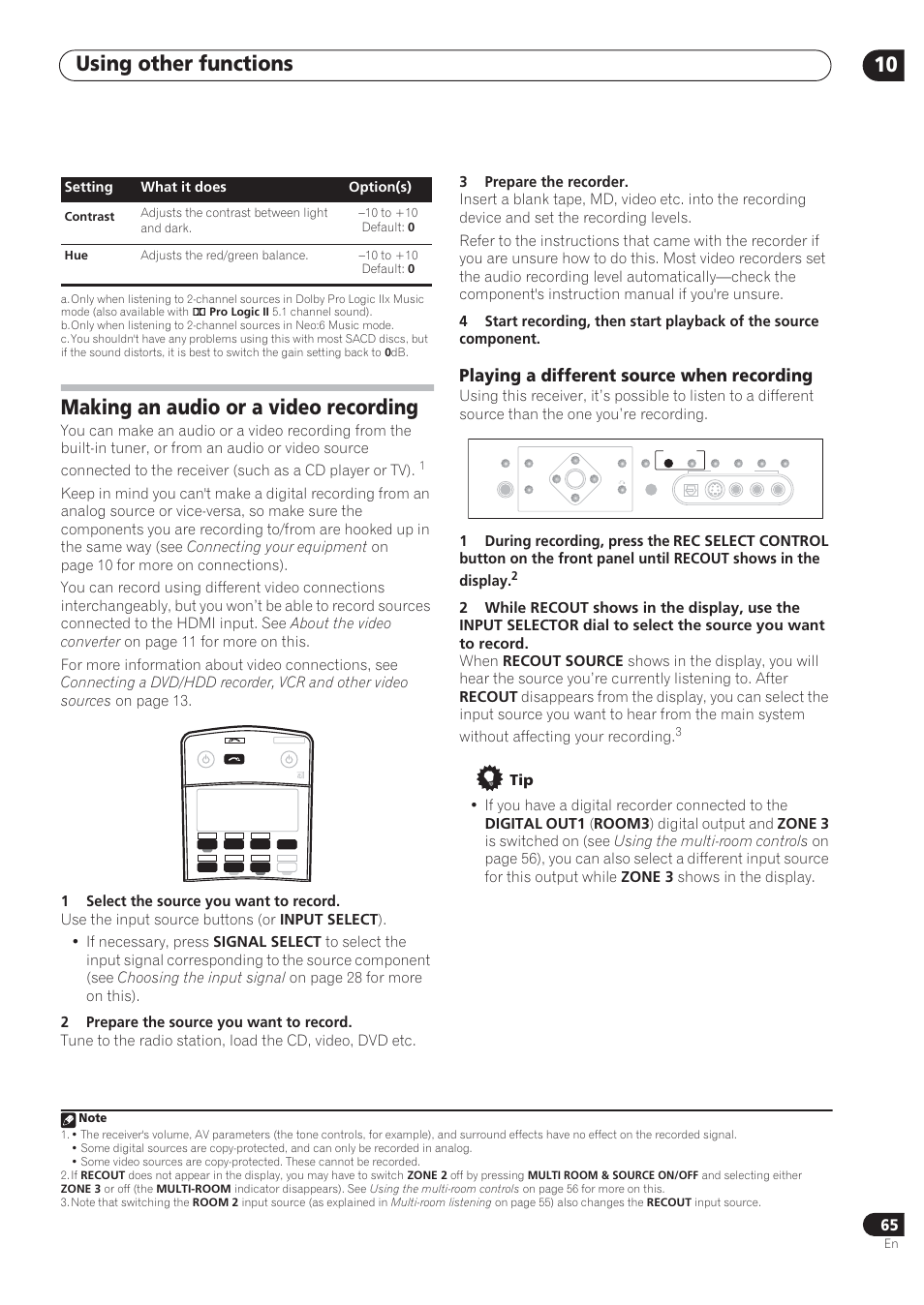 Using other functions 10, Making an audio or a video recording, Playing a different source when recording | Setting what it does option(s) | Pioneer VSX-72TXV User Manual | Page 65 / 88