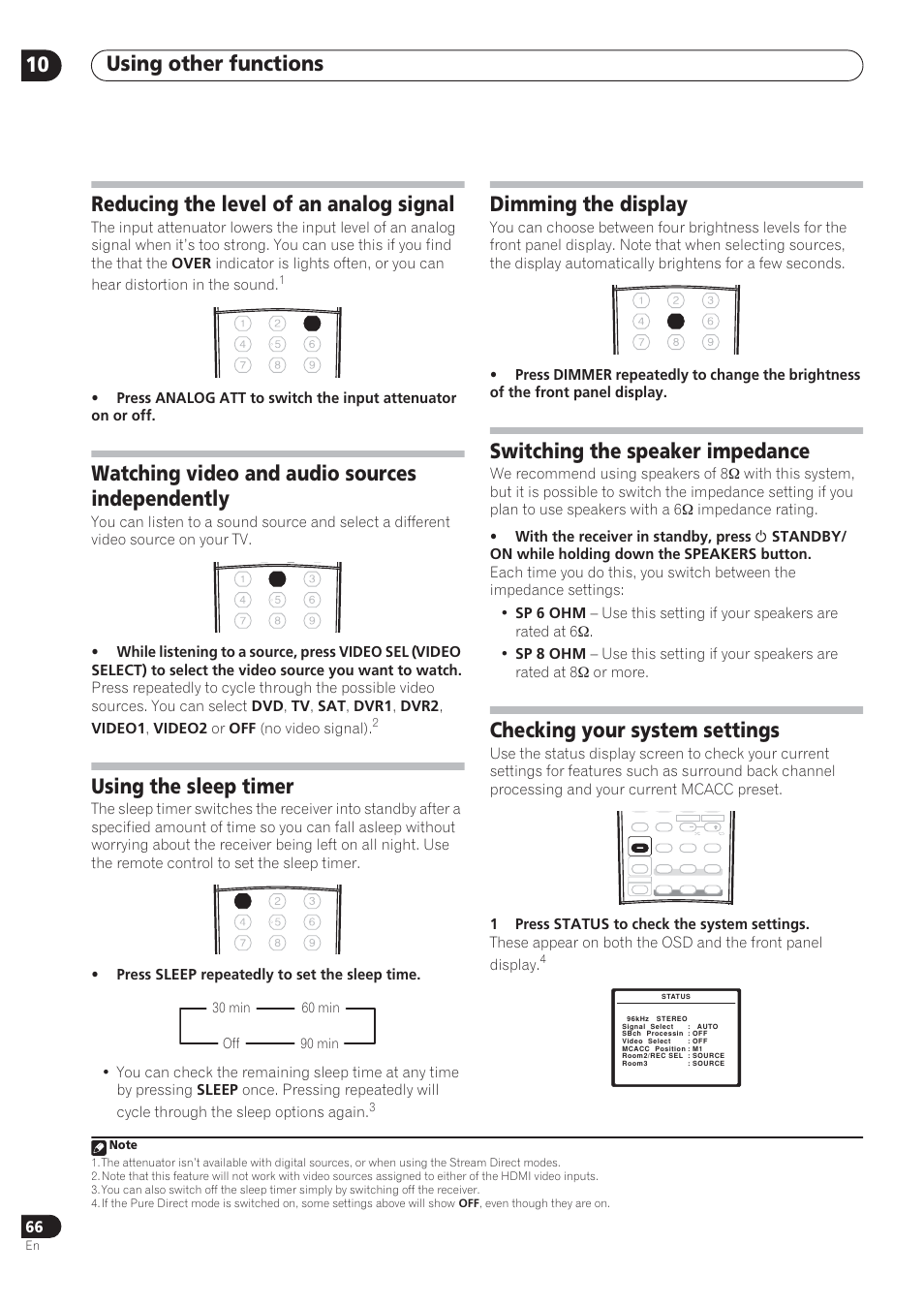 Using other functions 10, Reducing the level of an analog signal, Watching video and audio sources independently | Using the sleep timer, Dimming the display, Switching the speaker impedance, Checking your system settings | Pioneer VSX-72TXV User Manual | Page 66 / 88