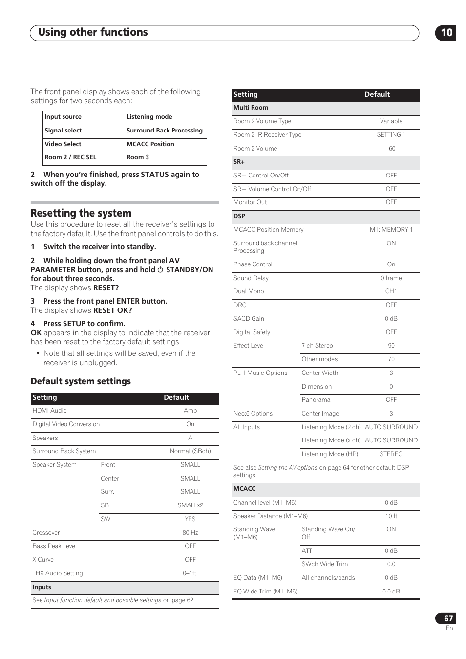 Using other functions 10, Resetting the system, Default system settings | Pioneer VSX-72TXV User Manual | Page 67 / 88