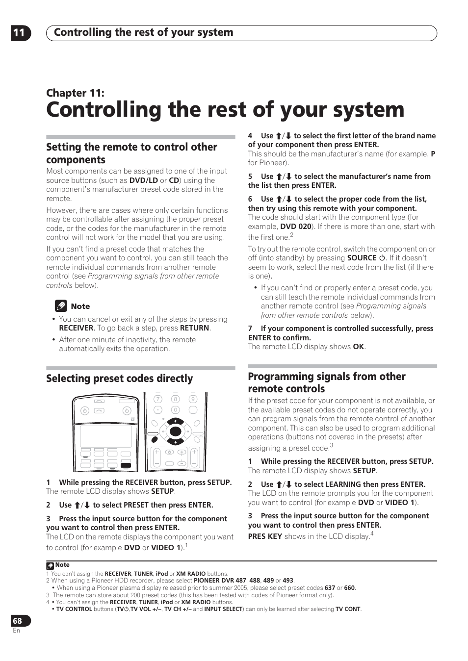 Controlling the rest of your system, Controlling the rest of your system 11, Chapter 11 | Setting the remote to control other components, Selecting preset codes directly, Programming signals from other remote controls | Pioneer VSX-72TXV User Manual | Page 68 / 88