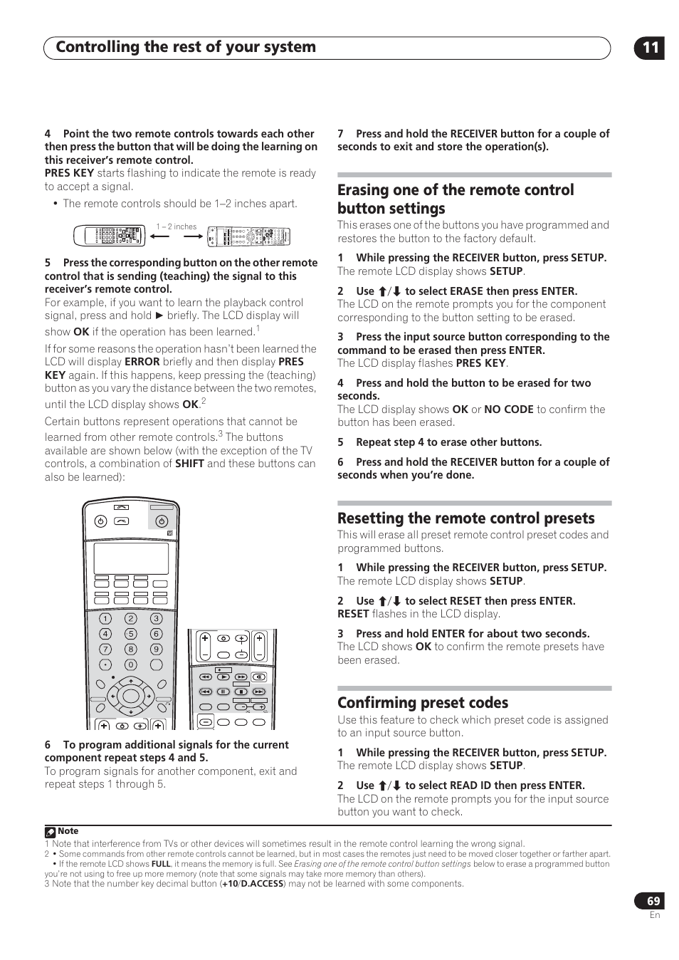 Controlling the rest of your system 11, Erasing one of the remote control button settings, Resetting the remote control presets | Confirming preset codes | Pioneer VSX-72TXV User Manual | Page 69 / 88