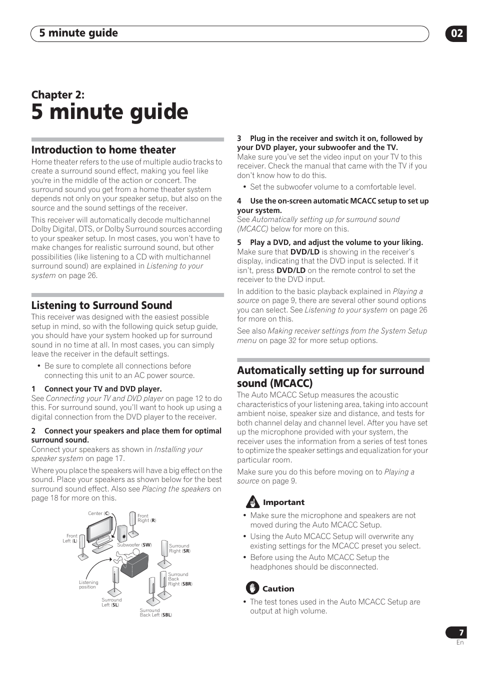 5 minute guide, 5 minute guide 02, Chapter 2 | Introduction to home theater, Listening to surround sound | Pioneer VSX-72TXV User Manual | Page 7 / 88