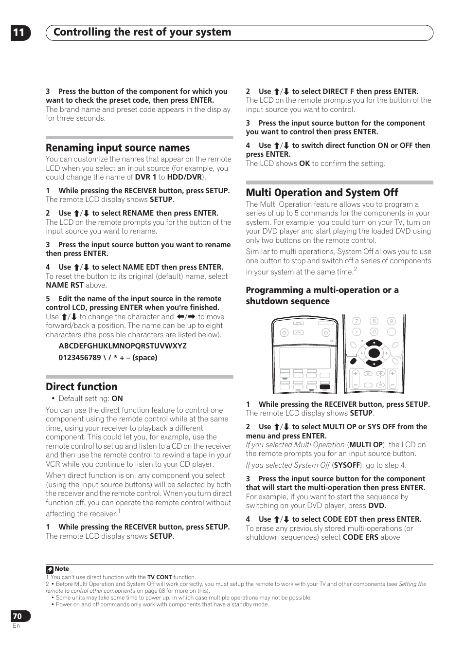 Controlling the rest of your system 11, Renaming input source names, Direct function | Multi operation and system off | Pioneer VSX-72TXV User Manual | Page 70 / 88