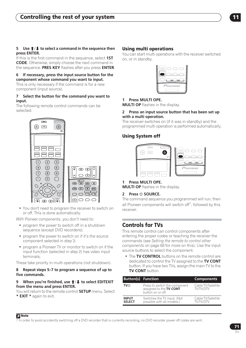 Controlling the rest of your system 11, Controls for tvs, Using multi operations | Using system off, Followed by this receiver, Button(s) function components | Pioneer VSX-72TXV User Manual | Page 71 / 88