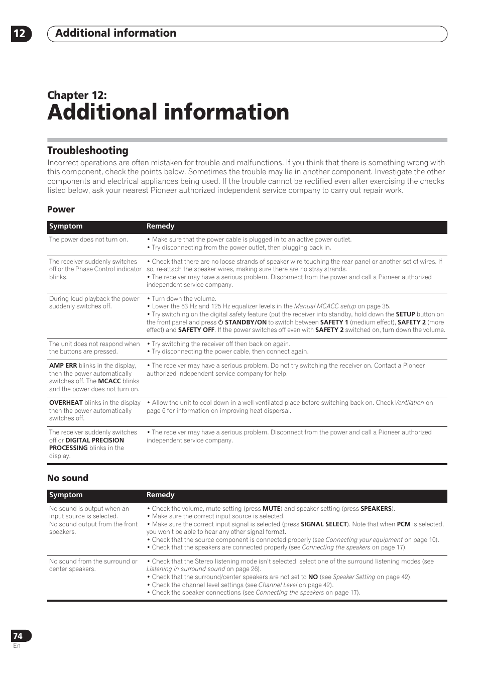 Additional information, Additional information 12, Chapter 12 | Troubleshooting | Pioneer VSX-72TXV User Manual | Page 74 / 88