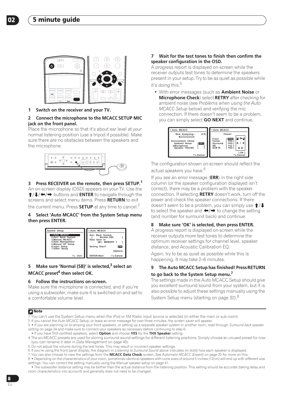 5 minute guide 02, Setup mic, Jack on the front panel | 3press, Receiver, On the remote, then press, Setup, Buttons and, Enter, Return | Pioneer VSX-72TXV User Manual | Page 8 / 88