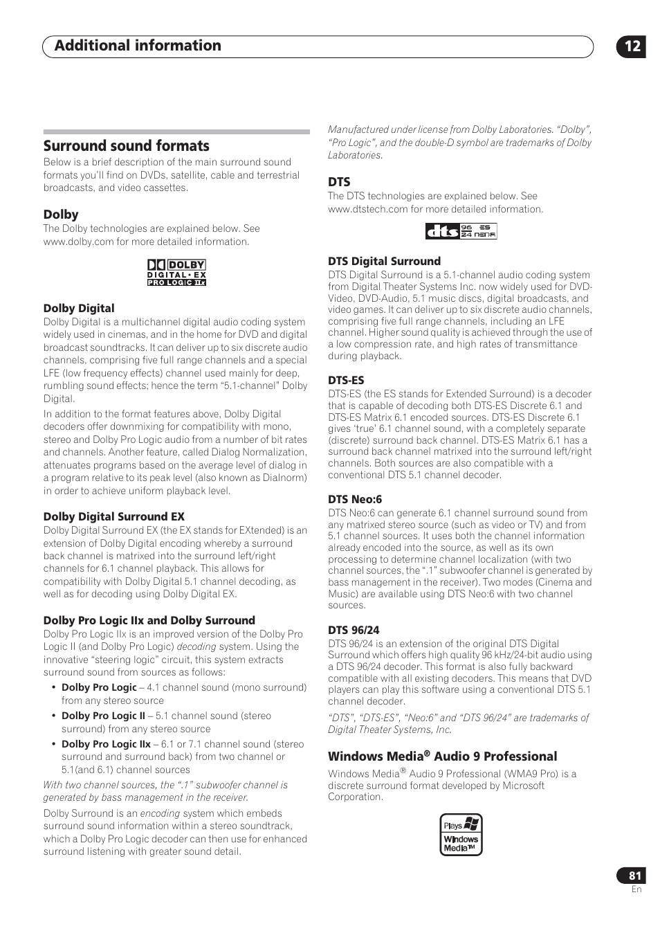 Additional information 12, Surround sound formats | Pioneer VSX-72TXV User Manual | Page 81 / 88