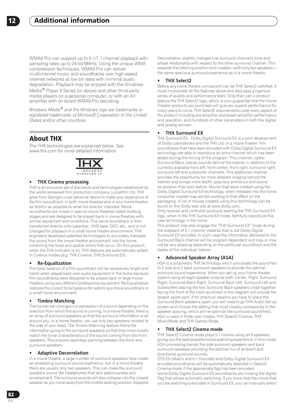 Additional information 12, About thx | Pioneer VSX-72TXV User Manual | Page 82 / 88