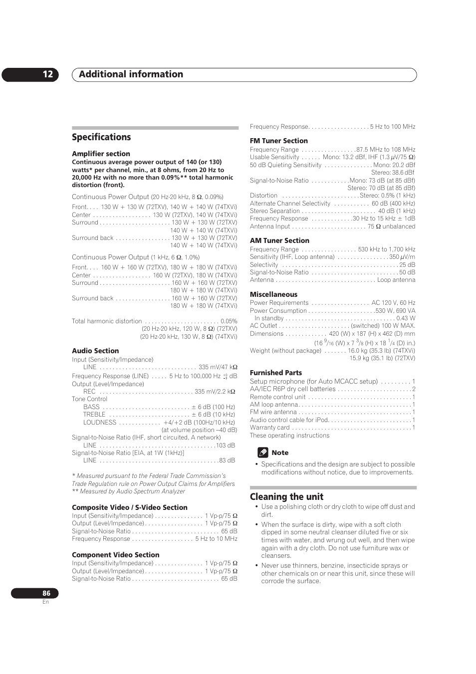 Additional information 12, Specifications, Cleaning the unit | Pioneer VSX-72TXV User Manual | Page 86 / 88