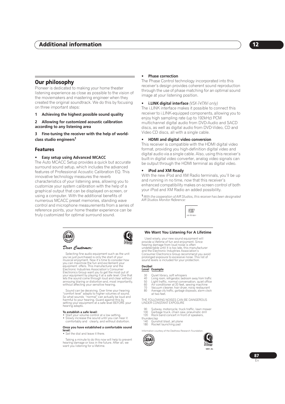 Additional information 12, Our philosophy, Features | Pioneer VSX-72TXV User Manual | Page 87 / 88