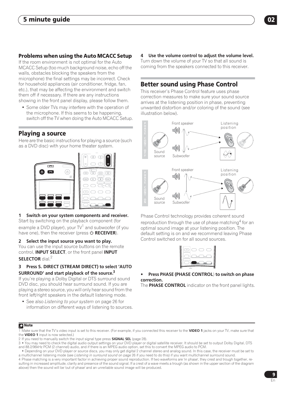 5 minute guide 02, Playing a source, Better sound using phase control | Problems when using the auto mcacc setup, 1switch on your system components and receiver, Receiver, 2select the input source you want to play, Input select, Or the front panel, Input selector | Pioneer VSX-72TXV User Manual | Page 9 / 88