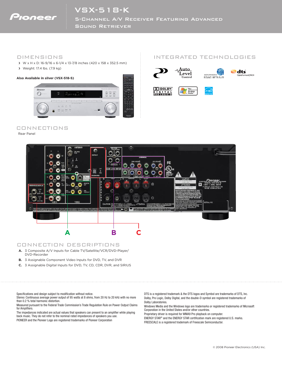 Vsx-518-k, Ab c, Dimensions | Integrated technologies, Connection descriptions, Connections | Pioneer VSX-518-K User Manual | Page 2 / 2