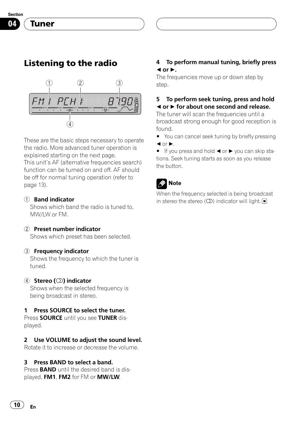 Tuner listening to the radio 10, Listening to the radio, Tuner | Pioneer DEH-P4800MP User Manual | Page 10 / 104