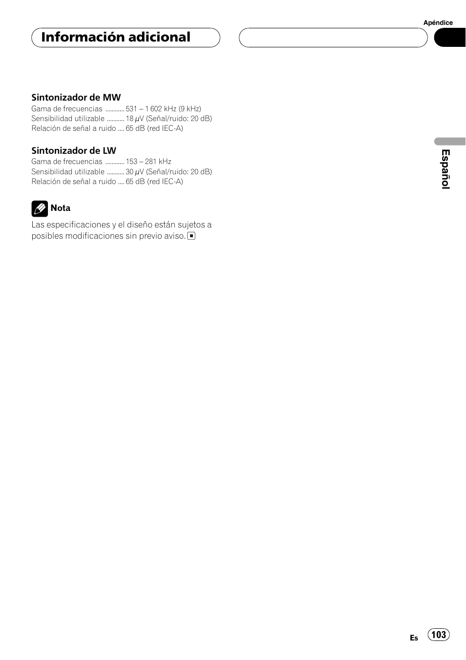 Información adicional, Español | Pioneer DEH-P4800MP User Manual | Page 103 / 104