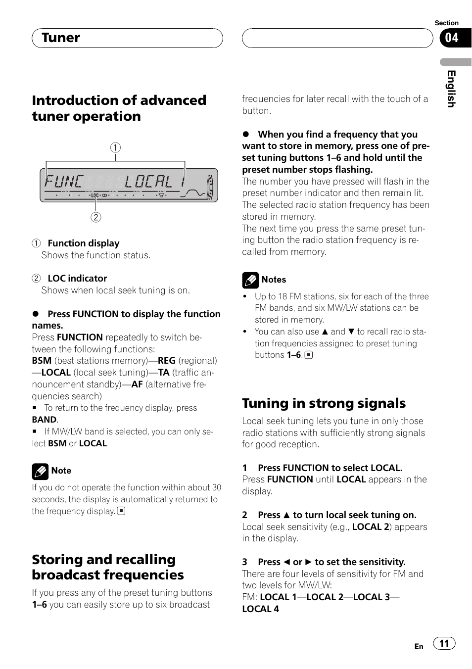Introduction of advanced tuner, Operation 11, Storing and recalling broadcast | Frequencies 11, Tuning in strong signals 11, Introduction of advanced tuner operation, Storing and recalling broadcast frequencies, Tuning in strong signals, Tuner | Pioneer DEH-P4800MP User Manual | Page 11 / 104