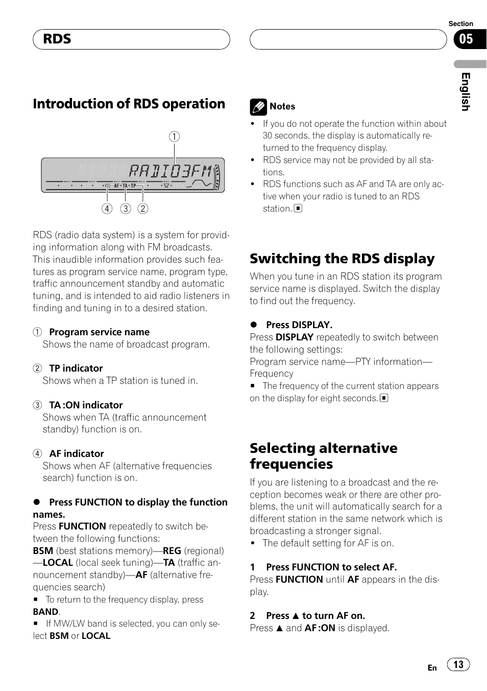 Introduction of rds operation, Switching the rds display, Selecting alternative frequencies | Pioneer DEH-P4800MP User Manual | Page 13 / 104
