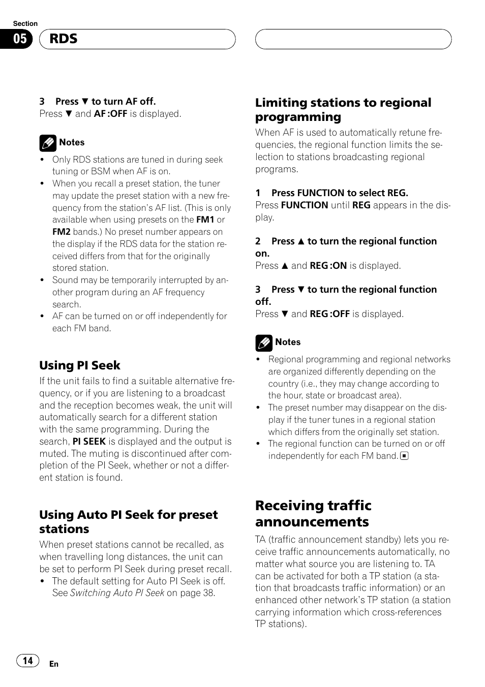 Using pi seek 14, Using auto pi seek for preset, Stations 14 | Limiting stations to regional, Programming 14, Receiving traffic announcements 14, Receiving traffic announcements, Using pi seek, Using auto pi seek for preset stations, Limiting stations to regional programming | Pioneer DEH-P4800MP User Manual | Page 14 / 104