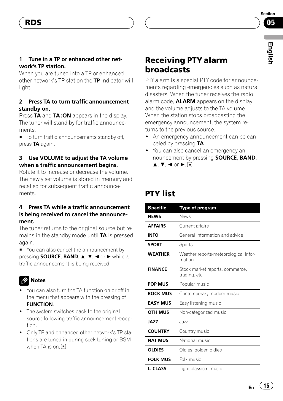 Receiving pty alarm broadcasts 15 pty list 15, Receiving pty alarm broadcasts, Pty list | Pioneer DEH-P4800MP User Manual | Page 15 / 104