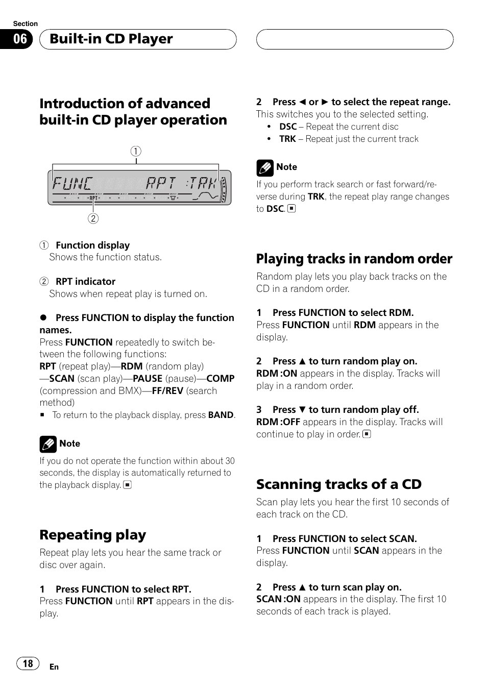 Introduction of advanced built-in cd player, Operation 18, Repeating play | Playing tracks in random order, Scanning tracks of a cd, Built-in cd player | Pioneer DEH-P4800MP User Manual | Page 18 / 104
