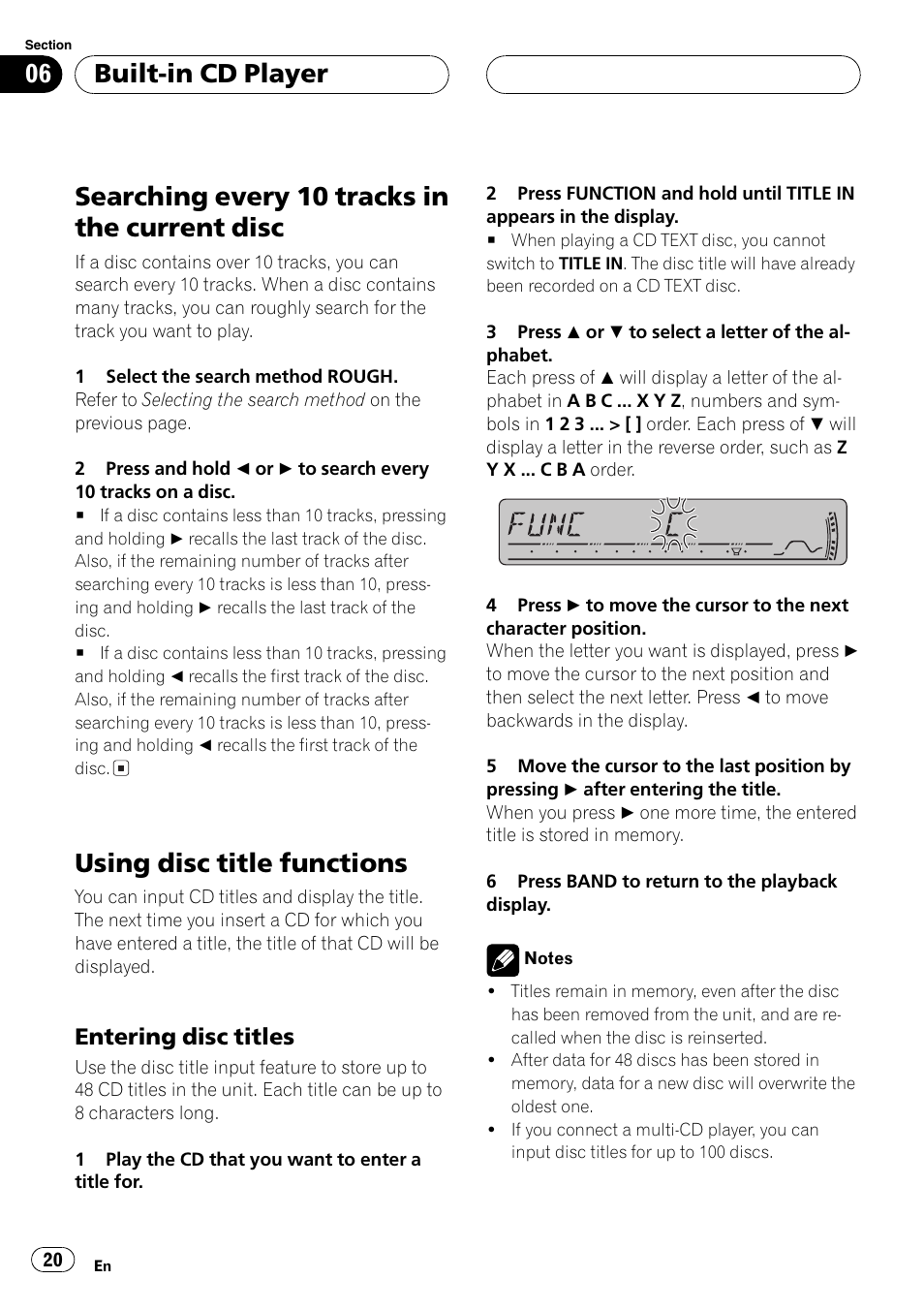 Searching every 10 tracks in the current, Disc 20, Using disc title functions 20 | Entering disc titles 20, Searching every 10 tracks in the current disc, Using disc title functions, Built-in cd player, Entering disc titles | Pioneer DEH-P4800MP User Manual | Page 20 / 104