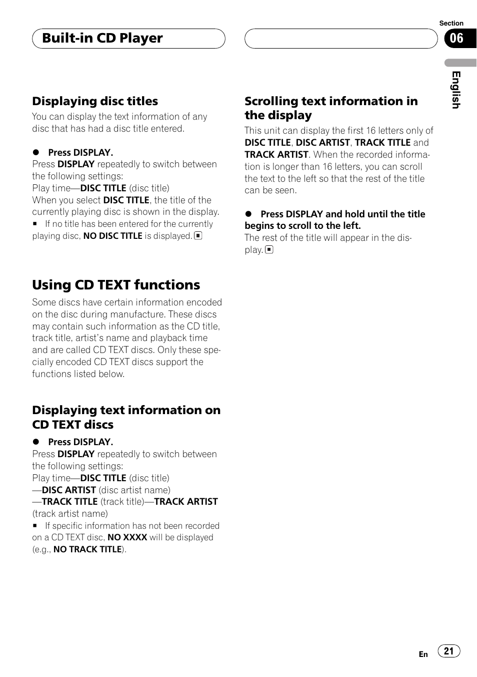 Displaying disc titles 21, Using cd text functions 21, Displaying text information on cd | Text discs 21, Scrolling text information in the, Display 21, Using cd text functions, Built-in cd player | Pioneer DEH-P4800MP User Manual | Page 21 / 104