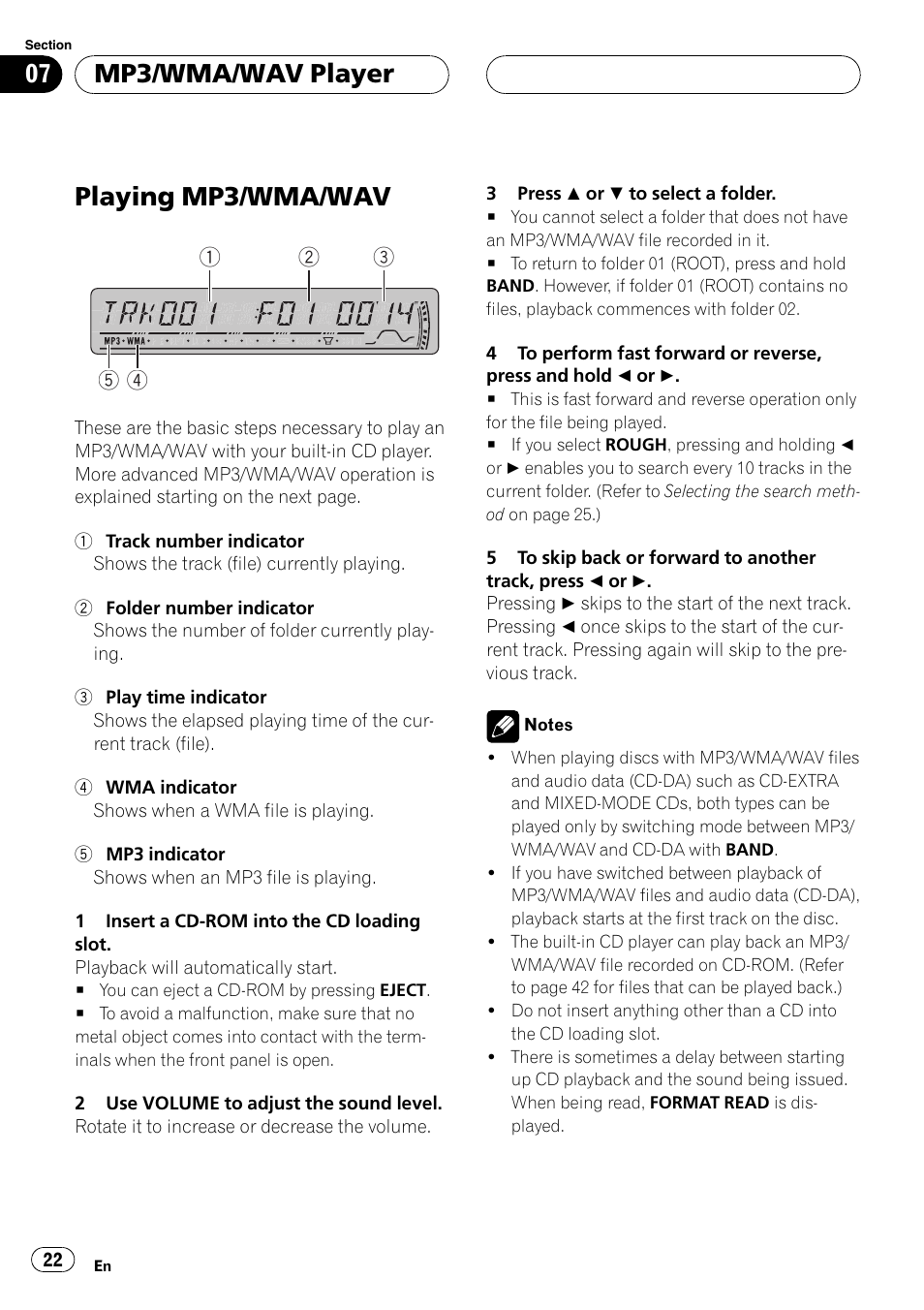 Mp3/wma/wav player playing mp3/wma/wav 22, Playing mp3/wma/wav, Mp3/wma/wav player | Pioneer DEH-P4800MP User Manual | Page 22 / 104