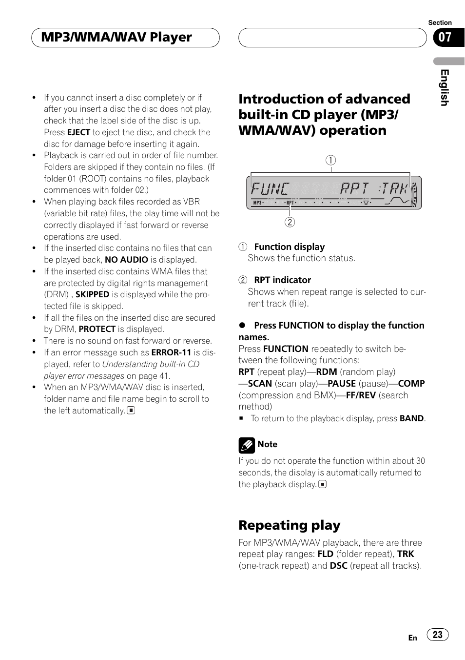Introduction of advanced built-in cd player, Mp3/wma/wav) operation 23, Repeating play 23 | Repeating play, Mp3/wma/wav player | Pioneer DEH-P4800MP User Manual | Page 23 / 104