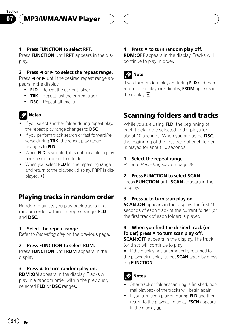Playing tracks in random order, Scanning folders and tracks, Mp3/wma/wav player | Pioneer DEH-P4800MP User Manual | Page 24 / 104