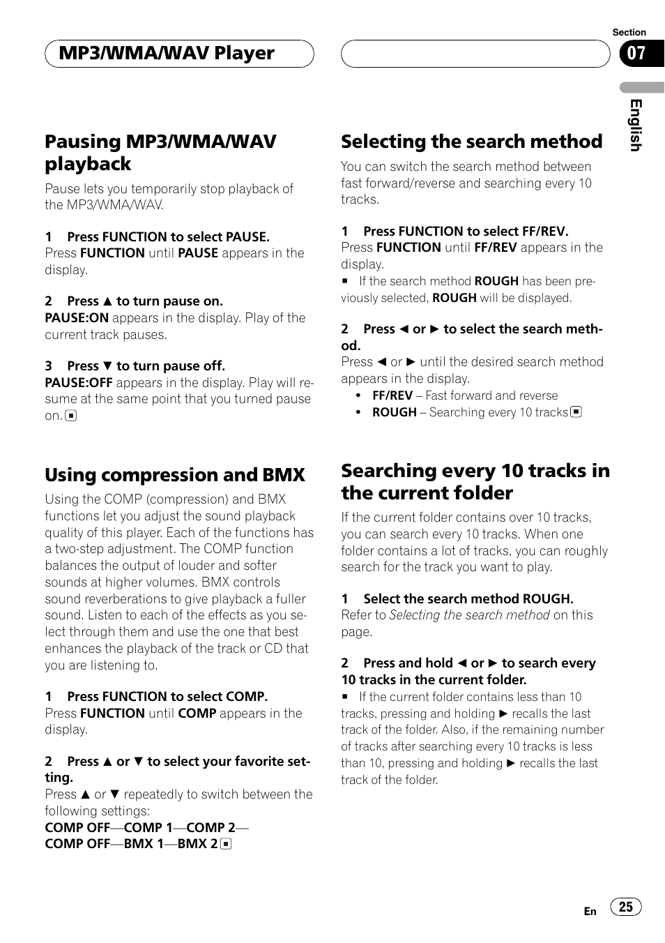 Folder 25, Pausing mp3/wma/wav playback, Using compression and bmx | Selecting the search method, Searching every 10 tracks in the current folder, Mp3/wma/wav player | Pioneer DEH-P4800MP User Manual | Page 25 / 104