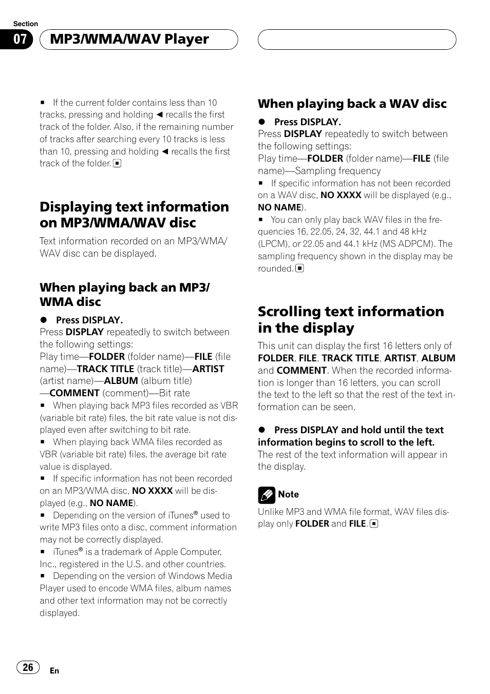 Displaying text information on mp3/wma, Wav disc 26, When playing back an mp3/wma | Disc 26, When playing back a wav disc 26, Scrolling text information in the display 26, Displaying text information on mp3/wma/wav disc, Scrolling text information in the display, Mp3/wma/wav player | Pioneer DEH-P4800MP User Manual | Page 26 / 104