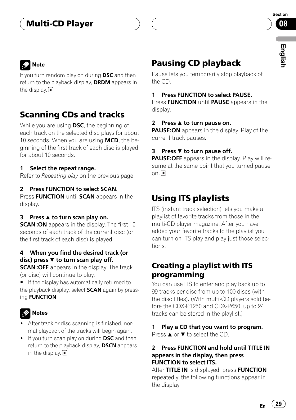 Creating a playlist with its, Programming 29, Scanning cds and tracks | Pausing cd playback, Using its playlists, Multi-cd player, Creating a playlist with its programming | Pioneer DEH-P4800MP User Manual | Page 29 / 104
