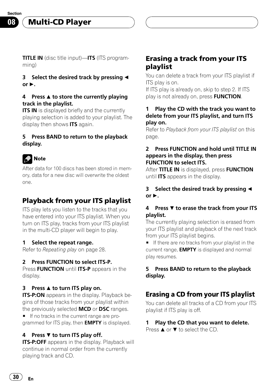 Playback from your its playlist 30, Erasing a track from your its, Playlist 30 | Erasing a cd from your its, Multi-cd player, Playback from your its playlist, Erasing a track from your its playlist, Erasing a cd from your its playlist | Pioneer DEH-P4800MP User Manual | Page 30 / 104