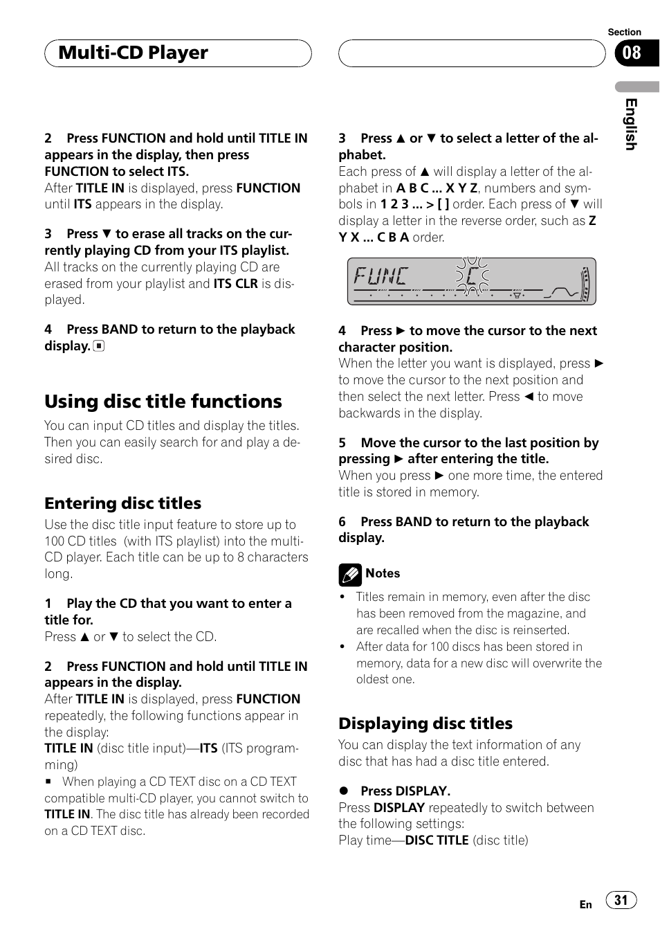 Using disc title functions 31, Entering disc titles 31, Displaying disc titles 31 | Using disc title functions, Multi-cd player, Entering disc titles, Displaying disc titles | Pioneer DEH-P4800MP User Manual | Page 31 / 104