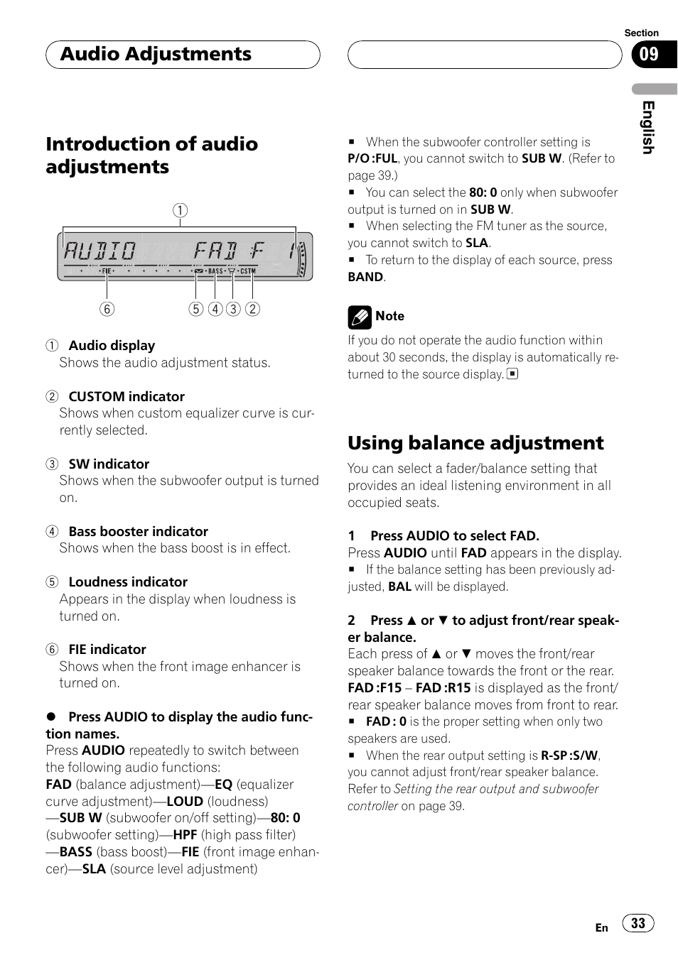 Introduction of audio adjustments, Using balance adjustment, Audio adjustments | Pioneer DEH-P4800MP User Manual | Page 33 / 104