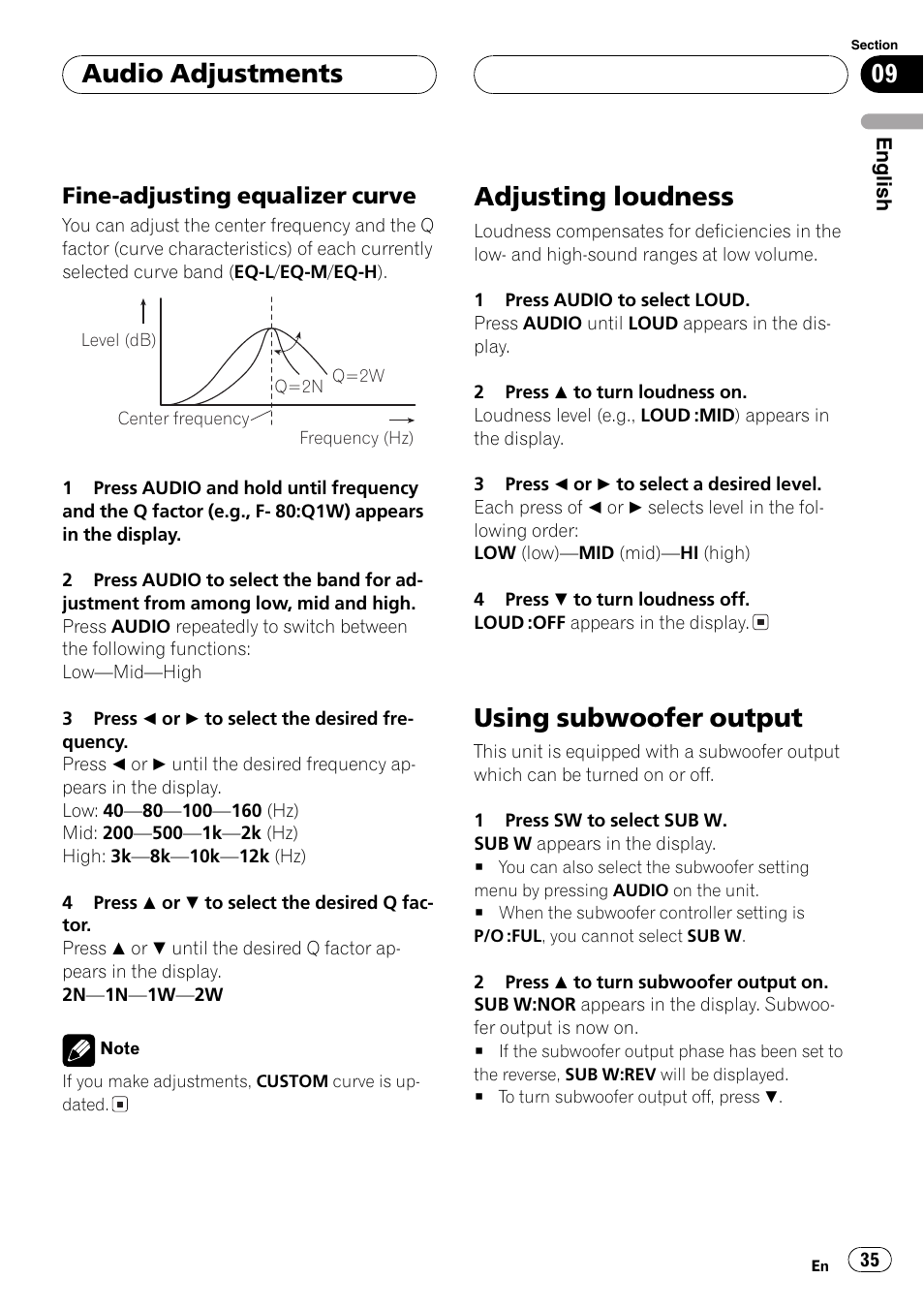 Fine-adjusting equalizer curve 35, Adjusting loudness 35 using subwoofer output 35, Adjusting loudness | Using subwoofer output, Audio adjustments, Fine-adjusting equalizer curve | Pioneer DEH-P4800MP User Manual | Page 35 / 104
