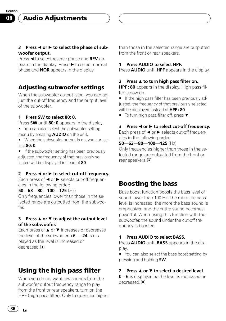 Adjusting subwoofer settings 36, Using the high pass filter 36 boosting the bass 36, Using the high pass filter | Boosting the bass, Audio adjustments, Adjusting subwoofer settings | Pioneer DEH-P4800MP User Manual | Page 36 / 104