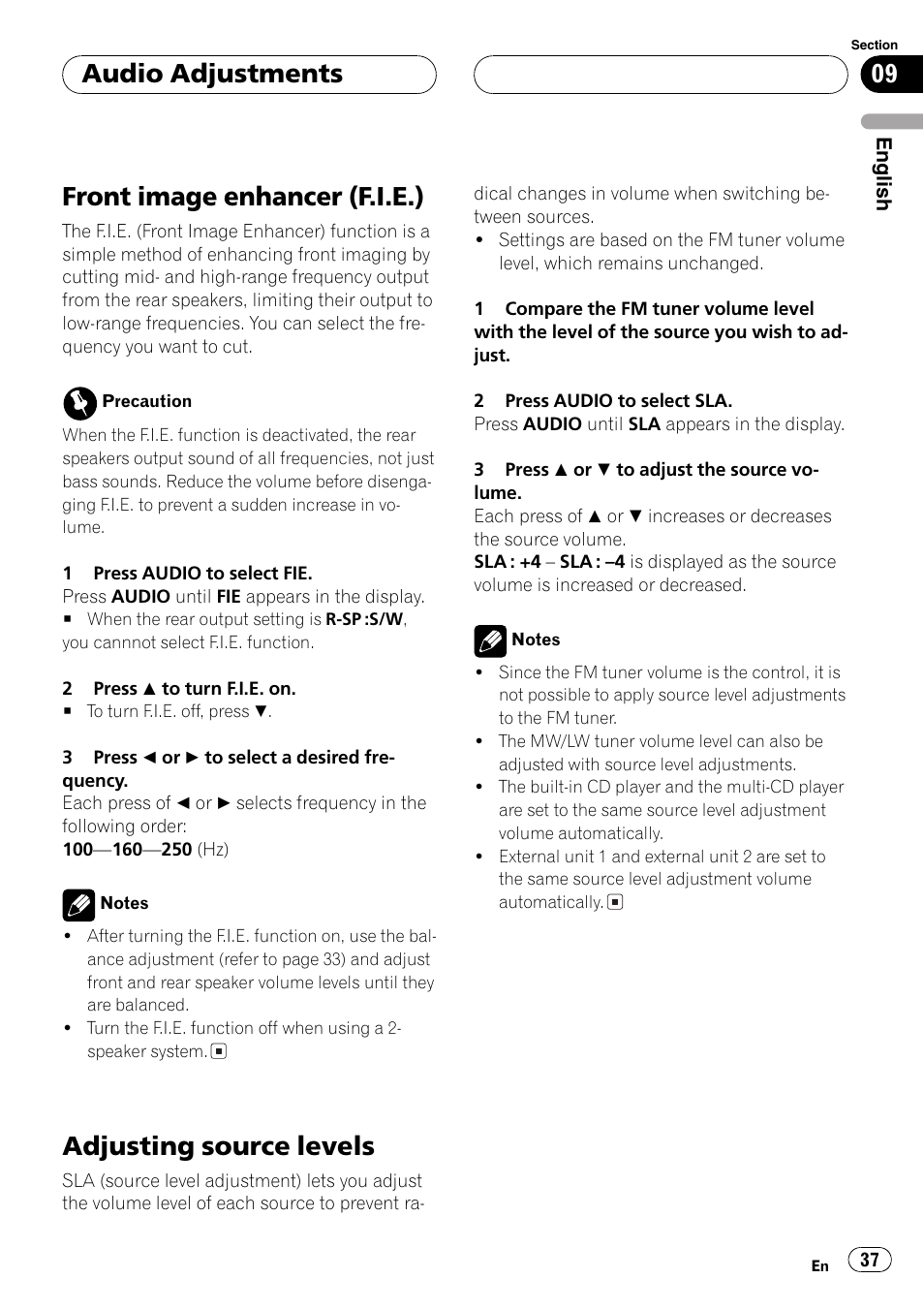 Front image enhancer (f.i.e.), Adjusting source levels, Audio adjustments | Pioneer DEH-P4800MP User Manual | Page 37 / 104