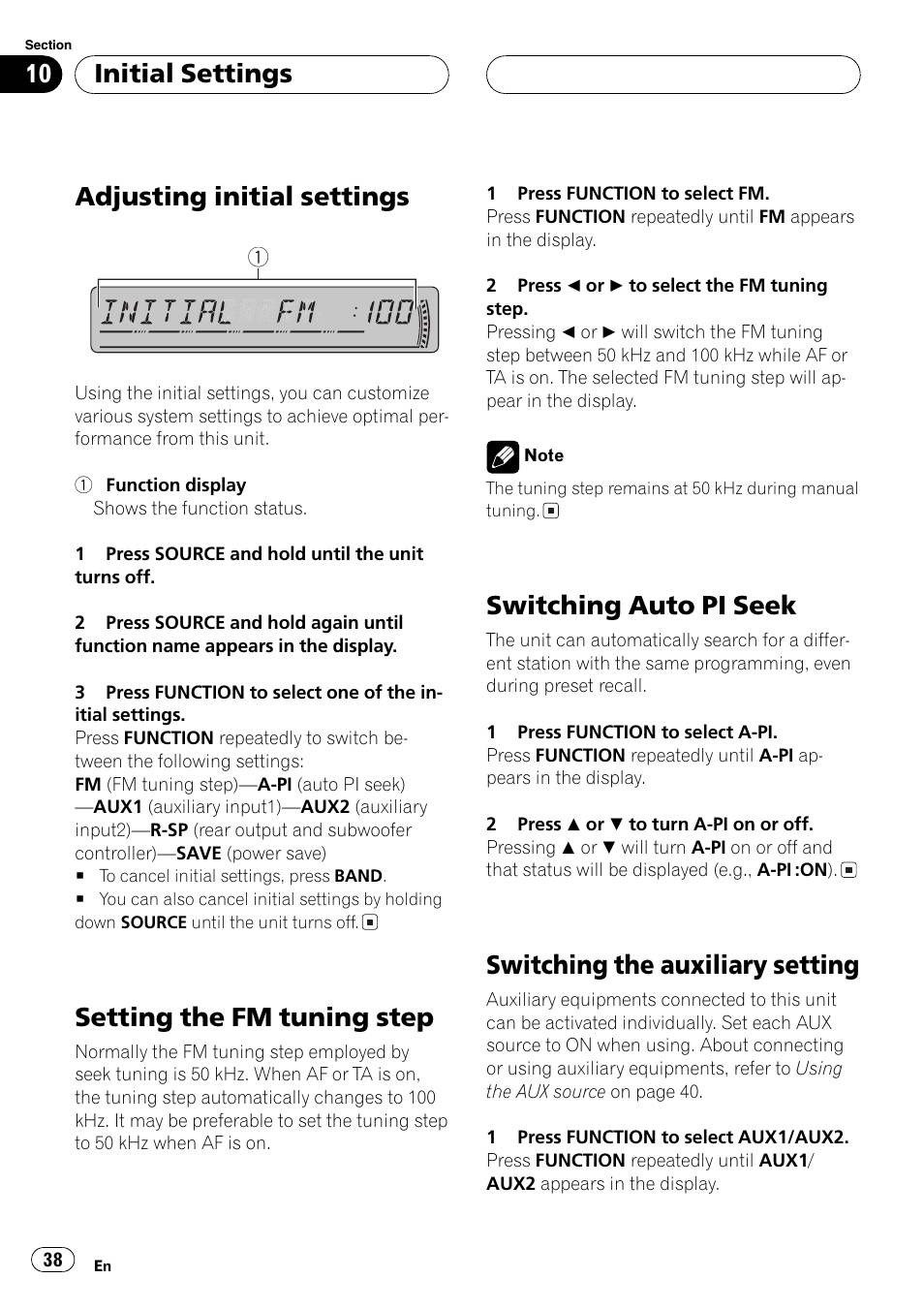 Adjusting initial settings, Setting the fm tuning step, Switching auto pi seek | Switching the auxiliary setting, Initial settings | Pioneer DEH-P4800MP User Manual | Page 38 / 104