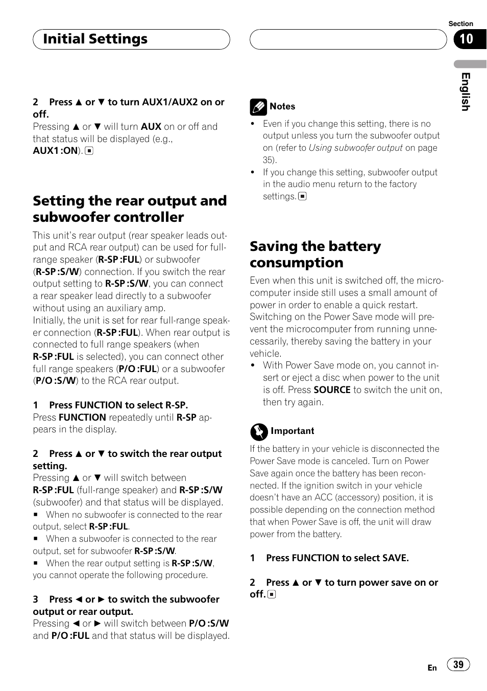 Setting the rear output and subwoofer, Controller 39, Saving the battery consumption 39 | Setting the rear output and subwoofer controller, Saving the battery consumption, Initial settings | Pioneer DEH-P4800MP User Manual | Page 39 / 104