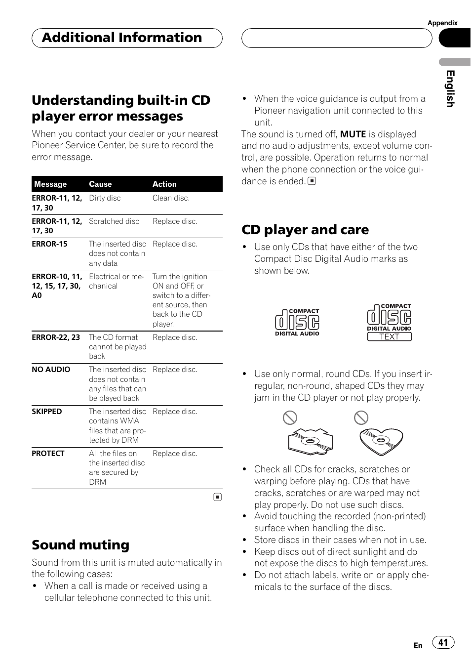 Messages 41, Sound muting 41 cd player and care 41, Understanding built-in cd player error messages | Sound muting, Cd player and care, Additional information, English | Pioneer DEH-P4800MP User Manual | Page 41 / 104