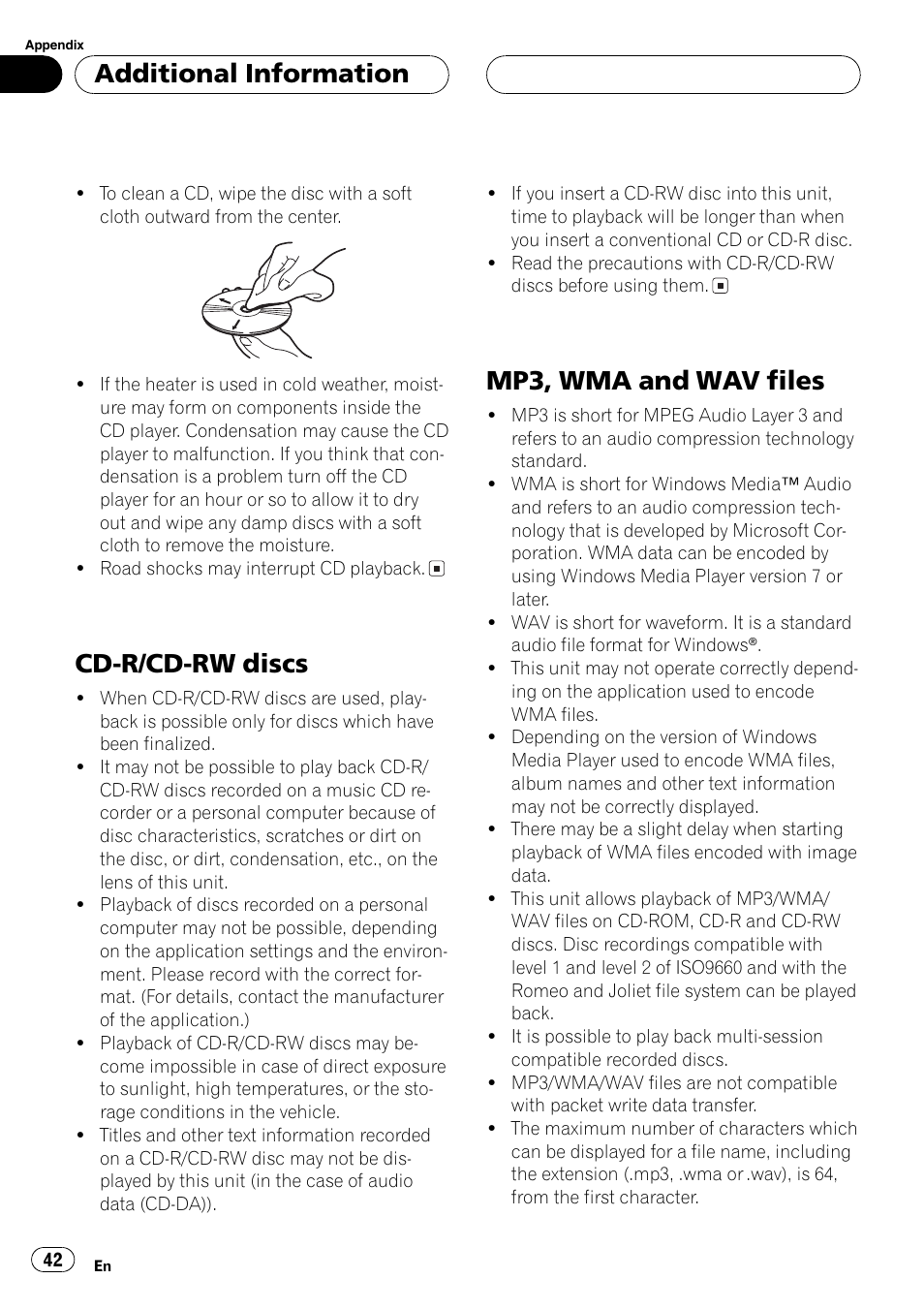 Cd-r/cd-rw discs 42 mp3, wma and wav files 42, Cd-r/cd-rw discs, Mp3, wma and wav files | Additional information | Pioneer DEH-P4800MP User Manual | Page 42 / 104