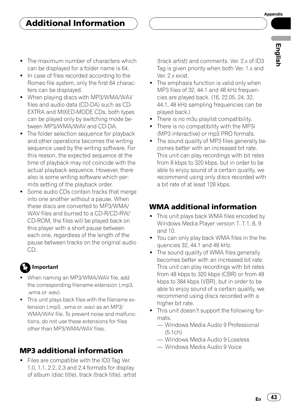 Mp3 additional information 43, Wma additional information 43, Additional information | Mp3 additional information, Wma additional information | Pioneer DEH-P4800MP User Manual | Page 43 / 104